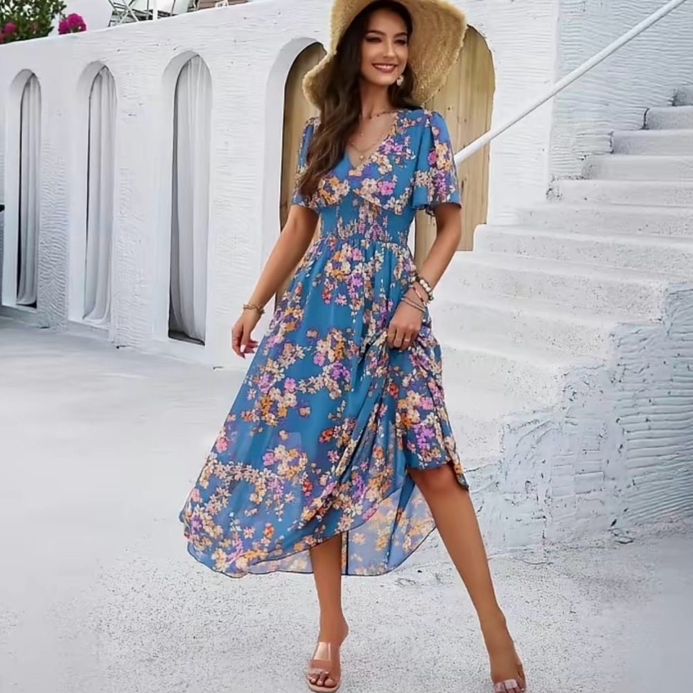 Blue Floral V-Neck Midi Dress Sz M